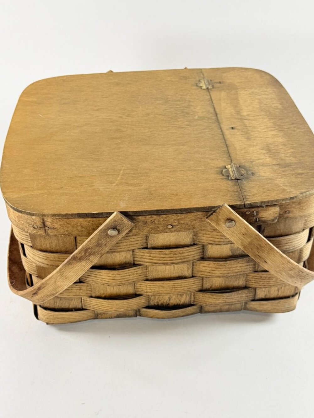 Vintage Woven 13.5x12 Wooden Picnic Basket Hinged Lid Dual Handles Square Shape